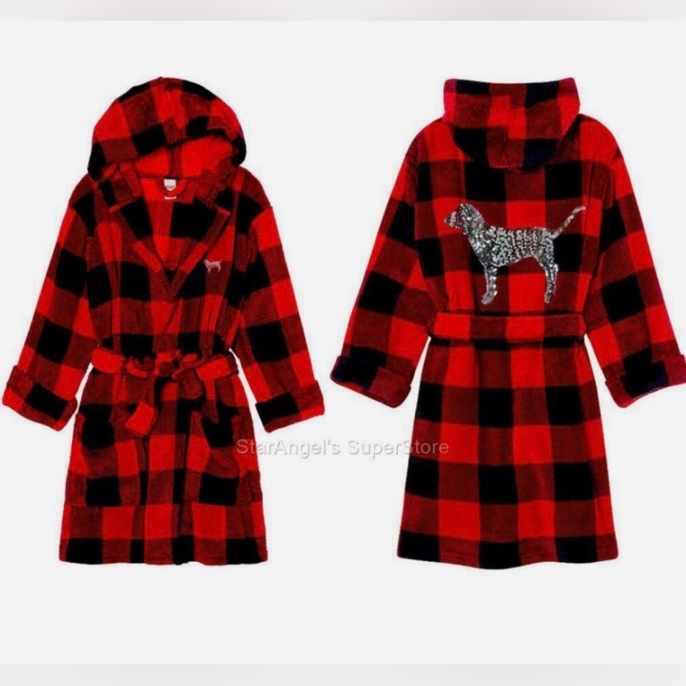 PINK Victoria’s Secret House Coat plush robe Buffalo plaid sequin dog front back